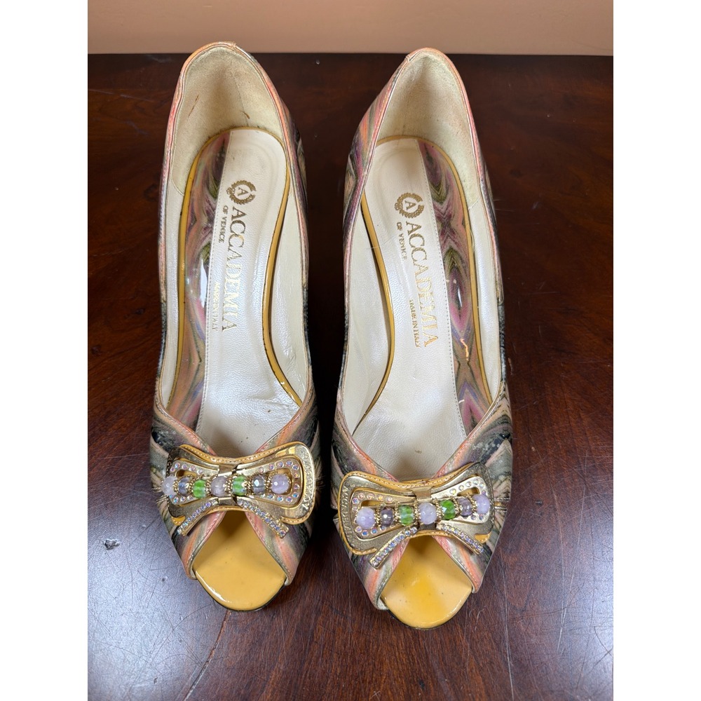 Accademia of Venice Italian Peep Toe Pumps Multi Color Abstract Jeweled Bow Heel